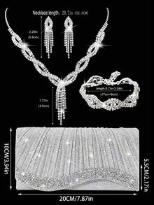 New Rhinestone Evening Bag, Shiny Women's Clutch, Women's Party Bag, Luxury Envelope Bag, Bridal Wedding Bag, With Shiny Rhinestone Jewelry Three Pieces Set, Rhinestone Necklace, Earrings, Bracelet, With Shiny Evening Dress, Sequin Dress, Party Evening Dress, Very Suitable For Parties, Dinners, Gatherings, Dances, Weddings - Silver - View 3