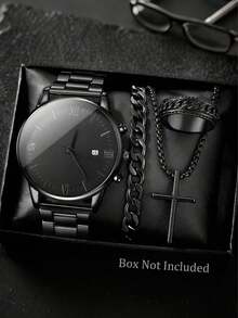 Multi-Piece Jewelry Set, Business Luxury Adult Men's Quartz Watch, Stainless Steel Band, Alloy Case, Single Date Calendar, Large Dial, Fashion Casual Watch, Wristwatch, Ideal Gift For Holidays - Multicolor - View 8