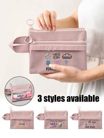 1pc Pink Portable Zipper Storage Bag With "Hair Stuff" Pattern,Bow, Hairpin, Comb Pattern,Double Zipper Bag With Handles,Portable Storage Bag, Mini Cosmetic Bag,Strong And Sturdy, Can Be Used Repeatedly,Also Suitable For Storing Small Items: Lipstick, Powder,Cosmetics, Brushes,Cash, Coins, Keys,And Jewelry, The Bags Are Easy To Carry And Ideal To Organize All Kinds Of Items,It Is A Good Birthday Gift, Holiday Gift, Friend Gift