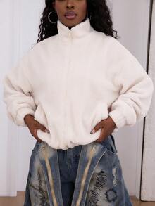 Fashionable Women's Versatile Elegant Academic Commuter Sherpa Fleece Jacket, Open Front Long Sleeve With Elastic Hem, Full Lining Design, Suitable For Party, Gathering, Travel, Holiday Gift, Back To School, Christmas