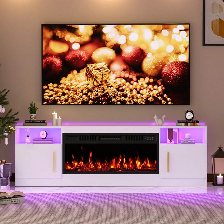 70 Inch Fireplace TV Stand With LED Light Entertainment Center And Storage Cabinet For TVs Up To 80 Inches - WHITE-70IN - View 1