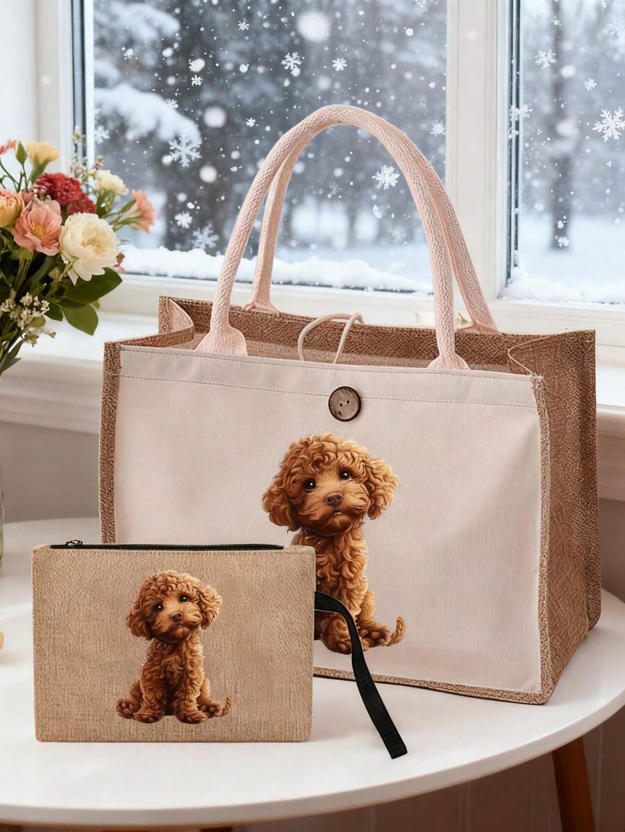 可爱卡通贵宾犬印花女士亚麻手提包+化妆包套装,亚麻材质,配套单肩包和化妆包组合,设计可爱,容量大,便携,可用作购物袋、化妆刷收纳袋、多功能收纳袋,适合作为礼物送给家人、女性朋友,也适合户外旅行、工作、通勤、度假或作为圣诞礼物。 - 彩色 - 查看 1
