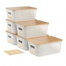 6-Piece Small Plastic Storage Bins | With Labels | Stackable Decorative Storage Baskets And Containers | For Shelf Organization | Desktop, Office, Bedroom, Dorm, Classroom | Toy Storage | Clothing Storage | With Bamboo Lid - Multicolor - View 14