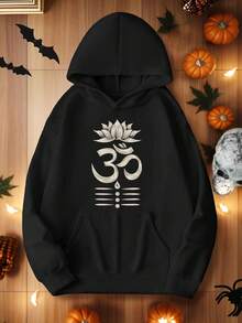1pc Unisex Polyester Hoodie with Lotus and Om Symbol, Geometric Pattern, Casual Style, Hooded Collar, Pockets, Knit Fabric, FallWinter Collection - Negro - Ver 1