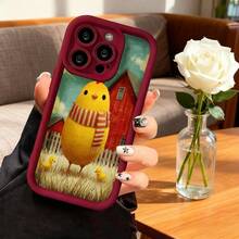 Cubierta de teléfono con diseño de pollito amarillo con bufanda, fondo de granja roja y polluelos, color negro, para uso diario y protección de dispositivos móviles - Burdeos - Ver 2