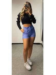 Elegant Women's High-Waisted Dress Shorts With Pockets And Three Buttons - Blue - View 3