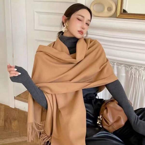 Women's Elegant Solid Color Scarf, Thickened Plush Wool Double-Sided Imitated Cashmere Scarf, Classic Solid Color Tasseled Warm Scarf, Suitable For Casual And Formal Wear, Versatile For Daily And Special Occasions