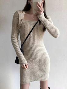 女士秋冬优雅修身毛衣连衣裙 - 灰杏色 - 查看 4