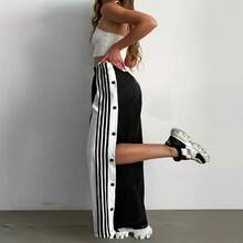 美式直筒裤，宽松街头休闲裤，松紧腰运动裤，黑白条纹侧边纽扣开合，阔腿慢跑裤 - 黑色 - 查看 10