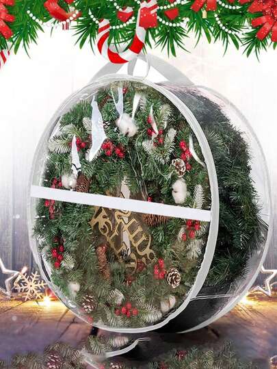 1/2pcs Christmas Wreath Storage Bag, White Transparent PVC Wreath Storage Box, 2 Sizes Portable Handle Storage Bag, Door Wreath Storage Container With Dual Zippered And Handle, For Holiday Seasonal Wreath Garland, Christmas Decor Home, Fall Decor, Christmas Decoration.