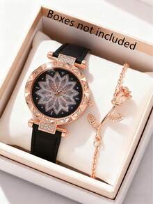 2 件/套，女士手表，花形表壳女士石英表，玫瑰合金表链，手表手链套装，适合日常佩戴，送给她的完美礼物 - 黑色 - 查看 4