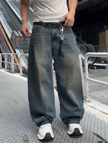 1 pezzo Jeans casual a gamba ampia con lavaggio consumato, design a baffi di gatto, stile vintage americano con vestibilità morbida (cintura e accessori non inclusi) - blu polveroso - Visualizzare 4