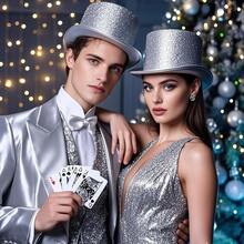 Barelove Top Hats For Men Women Adults Shiny Magician Hat Tuxedo Hat Victorian Dress Up Christmas Top Hats - 閃亮銀飾 - 查看 6