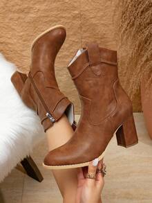 Women's Fashion Ankle Boots, New Autumn/Winter Side Zipper High Heel Boots, Retro Western Style Short Boots,Cowboy Boots - Brown - View 5