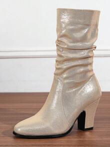 Chunky Heel Stacked Heel Round Toe Suede Slim Tall Boots For Women, New Autumn/Winter Mid-Calf Riding Boots With Fur - 金色 - 查看 9