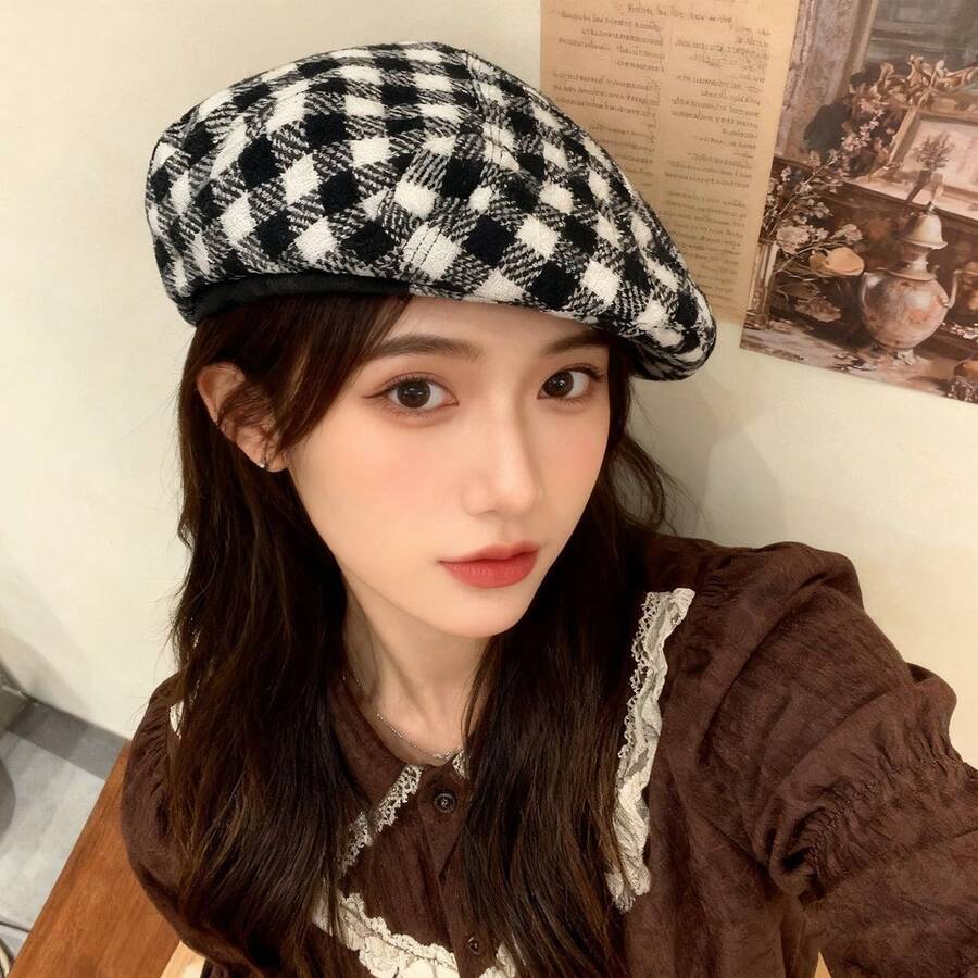 Hahnentritt-Baskenmütze Frühling und Herbst Britische Retro Vorwärtskappe Koreanische Mode Vielseitige Sonnenschutz-Visierkappe