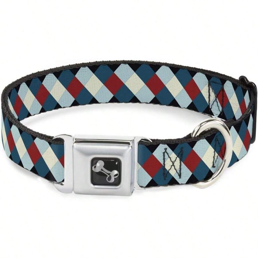 BuckleDown Diamond Plaid BluesKhakiRed Pet Dog Collar Bone Wide Medium1623