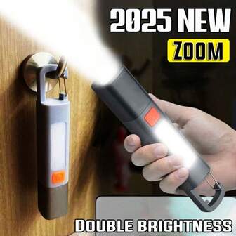 大功率远射程 LED 手电筒带 COB 侧灯 USB 可充电输出探照灯内置电池户外露营应急超亮战术手电筒带挂钩