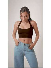 Women's Cropped Tank Top, Fitness Fashion, Gym Basic - Cà phê nâu - Xem 2