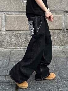 Teens/Youth Boys' Loose Baggy Jeans With Back Pocket English Embroidery - Dark Wash - View 6