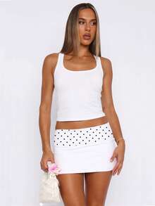 Women Fold Over Low Rise Bodycon Mini Skirt Y2k Polka Dots Print Slim Fitted Going Out Micro Skirts Stretchy Tube Pencil Mini Skirts Party Clubwear - 白色 - 查看 1