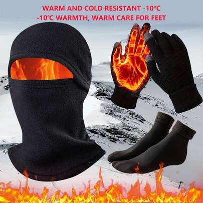 3pcs Thermal Insulation Winter Set - Windproof & Warm Knit Balaclava/Face Mask, Touchscreen Gloves & Ankle-Calf Socks - Cold Weather Gear For Skiing, Snowboarding, - Hand Washable Black Outdoor Survival Essentials , Thermal Wear For Men Or Women, Balaclava For Winter, Hand Warmers, Snow Gear, Fleece Balaclava, Neck Warmer, Winter Face Mask, Winter Mask , Thermal Socks, Winter Boots , Thermal Socks , Camping Gear