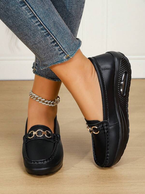 Women's Black Casual Wedges. Platform Loafers With Hand Stitched Upper And Metal Buckle, Sneakers Without Laces. Thick Soles For Height Increase.