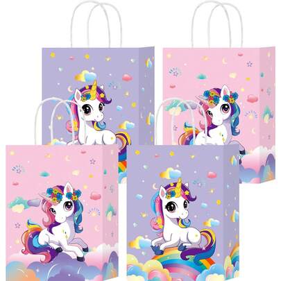 16个独角兽主题派对礼品袋，带提手 - 独角兽糖果袋/礼品袋。彩虹主题糖果袋，牛皮纸袋，适用于生日派对用品和迎婴派对装饰。