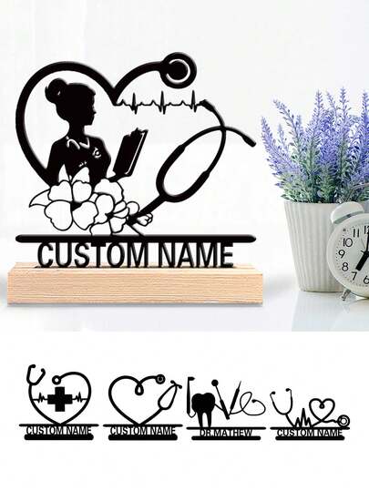 1pc Fashion Customized Heart-Shape Stethoscope Metal Art, Custom Stethoscope Metal Ornaments With Wooden Base, Perfect Gift For Doctor, Hospital Workers, Special Family Decoration, Room Decor, Home Decor, Holiday Decor, Festivals Decor, Sence Decor, Bedroom Decor, Living Room Decor, Entrance Decor
