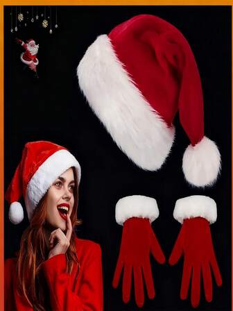 两件套圣诞老人服装配饰套装，可爱圣诞帽配白色滚边和配套手套，女士款，流行文化灵感涤纶材质，角色扮演派对道具。圣诞帽和手套套装，毛绒圣诞帽，毛茸茸滚边手套，角色扮演服装配饰，头发，旅行，美发产品，美发工具，美发用品，理发师，理发师配件，理发店，美发设备