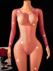 1 bộ đồ lót gợi cảm cho nữ, màu hồng lưới đính đá, kiểu bodysuit tay dài, xuyên thấu, khoét lỗ, thích hợp mặc đi club. - Hồng - Xem 1