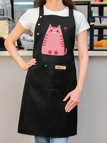 Women'S Cute Pink Cat Apron With Heart Cutouts & Two Pockets - High Quality Non-Stretch Fabric, Elegant Kitchen Apron With Button Closure & Pink Tabby Cat Design For Cooking, Baking, Cat Lovers - Durable Easy-Clean Chef Apron For Home &, Playful Feline Print, Sturdy Construction, Baking Enthusiasts, Suitable For Any Occasion – Playful Gif Hobbyist Happy Cat Cat Kilt Cat Fore Apron For Food Server Maid Angry Klein Kurre-But Tongue Double Side Mess Motollyall Black Background Set Item - 黑色 - 查看 1