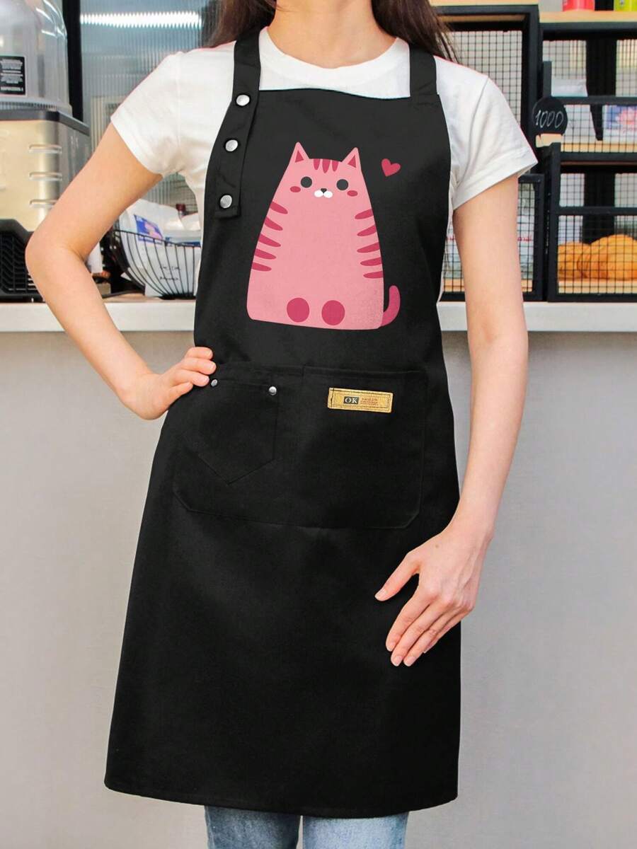 Women'S Cute Pink Cat Apron With Heart Cutouts & Two Pockets - High Quality Non-Stretch Fabric, Elegant Kitchen Apron With Button Closure & Pink Tabby Cat Design For Cooking, Baking, Cat Lovers - Durable Easy-Clean Chef Apron For Home &, Playful Feline Print, Sturdy Construction, Baking Enthusiasts, Suitable For Any Occasion – Playful Gif Hobbyist Happy Cat Cat Kilt Cat Fore Apron For Food Server Maid Angry Klein Kurre-But Tongue Double Side Mess Motollyall Black Background Set Item - 黑色 - 查看 1
