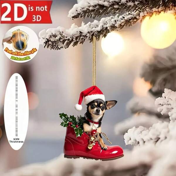 1pc Cute Chihuahua Dog Christmas Decoration With Santa Hat And Red Boots - 2D Acrylic Hanging Ornament For Indoor/Outdoor Tree Decor, Lightweight And Durable Holiday Decoration With Easy Hanging Loop (No Power Needed) - Ideal Gift For Pet Lovers