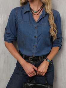Women Fashion Casual Elegant Denim Button Down Long Sleeve Shirt With Shirt Collar - 藏蓝色 - 查看 8
