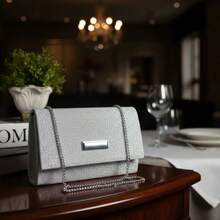 Bolsa de Festa Glitter Quadrada Feminina Bolsa Baguette Caixinha Tiracolo Transversal com Alça Bloguerinha Alça Corrente - Prata - Visão 7