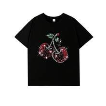 Girls' Cherry Print Round Neck Short Sleeve T-Shirt, Casual Style For Spring/Summer - Black - View 2
