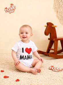 BrownBark 2pcs Baby Boys & Girls Newborn Soft Cotton Cute Short Sleeve Bodysuit With "I Love Daddy & I Love Mommy" Graphic Print, Suitable For Indoor, Outdoor, Mother's Day/Father's Day/Valentine's Day - White - View 4