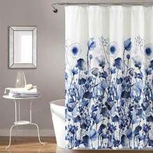 Decor Zuri - Cortina de Ducha con Estampado Floral de Acuarela, 72 x 72 Pulgadas, Azul y Coral(Azul marino) - Tipo 1 - Ver 3