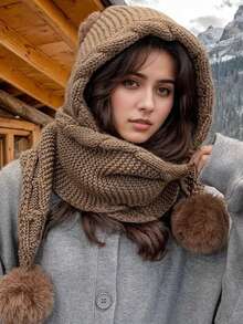 Women's Wool Hat, Warm Hat For Autumn And Winter, Scarf And Hat Integrated Design, Thick Warm Knitted Hat, Cute Fur Ball, Soft And Thick Warm Lining Earmuffs, Versatile Warm Accessories For Winter Clothing, A Good Christmas/Birthday/Valentine's Day Gift - Multicolor - View 3