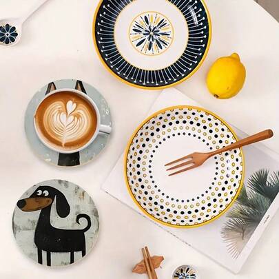 6个可爱狗狗木质杯垫，色彩缤纷，适用于饮料、茶、咖啡，也可用于家居和餐厅装饰，是送给爱狗人士、家人、朋友和同事的完美礼物之选。