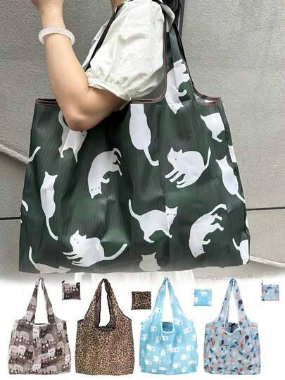 Large Capacity Foldable,Portable, Fashionable, Waterproof, Durable, Reusable Polyester Shoulder Bag And A Small Bag ,With Unique All-Over Pattern Design Large Capacity Shopping Bag, Suitable For Supermarket Shopping, Traveling, Vegetable, Fruit, Furniture, Toy Storage