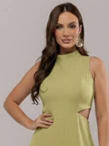 Women's Long Tailored Dress, High Neck, Side Slit, Side Opening Detail, Comfortable, With Pockets, Elegant - 黃色 - 查看 2