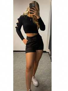 Elegant Women's High-Waisted Dress Shorts With Pockets And Three Buttons - Black - View 1