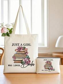 爱书人士个性化手提袋 - 大容量帆布书包，女士轻便旅行沙滩包，教师节圣诞礼物，大学必备书包，白色手提单肩包，个性化礼物（多种图案可选），教师礼物 - 米色 - 查看 13