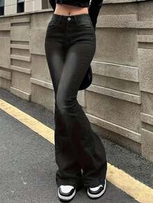 Jeans de campana ajustados con bolsillo trasero con lazo y strass para adolescentes - Negro - Ver 2