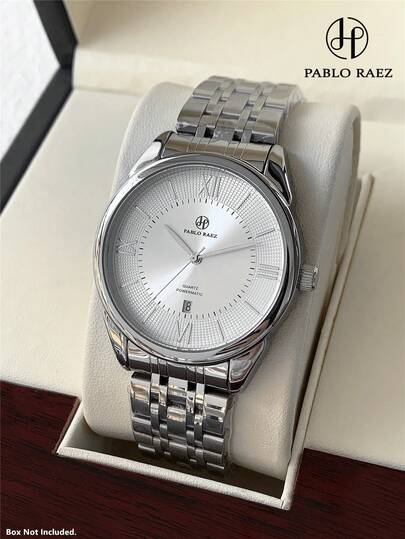  PABLO RAEZ 1pc Men's Original Watch Luxury Stainless Steel Bracelet Chain Charming High Quality AAA Top Brand New Fashion Wristwatch Silver Non Tarnish Color 50M Water Resistant Simple Calendar Clocks For Men Heavy Solid Steel Band Casual Quartz Watch Superior Sense High Level Business Wristwatch Gifts Hours For Daliy Use Father's Male Friend Birthday Graduation Wedding Presents