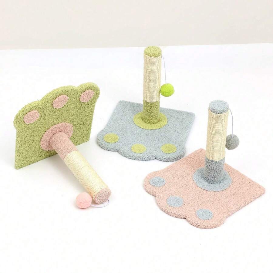Multi-Color Cat Scratching Post – Cute Flower & Paw Design Tower With Pom Ball Toy, Soft Carpet Base, Fun Cat Accessory - 藍色 - 查看 1