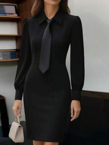 Scacto Women's Elegant Solid Color Belted Tie-Neck Office & Formal Occasions, Long Sleeve Spring Summer Midi Dress - 黑色 - 查看 1