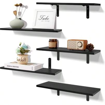 Floating Shelves Wall Decor Storage, Wall Mounted Shelves Set Of 3, Sturdy Small Wood, With Metal Brackets Hanging 3, Dark Brown